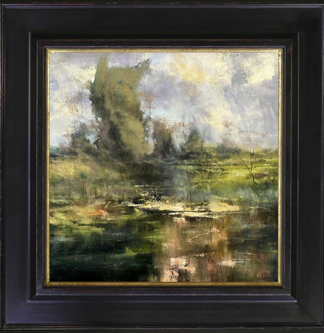 landscape oil painting showing waterway, treeline, & sky