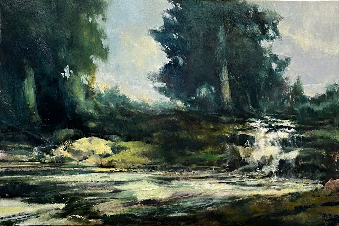 landscape oil painting of the allegheny river, river bank, and trees
