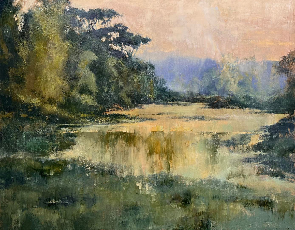 landscape oil painting with green trees, reflective water, and a pink and blue sky