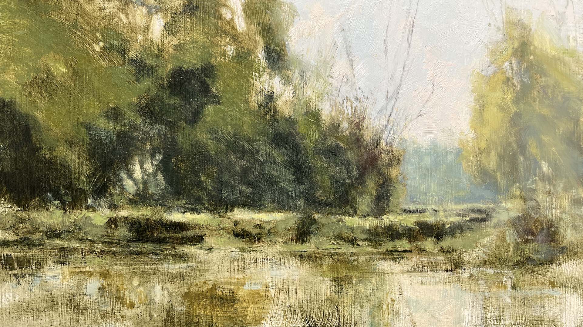 oil painting of a body of water and trees