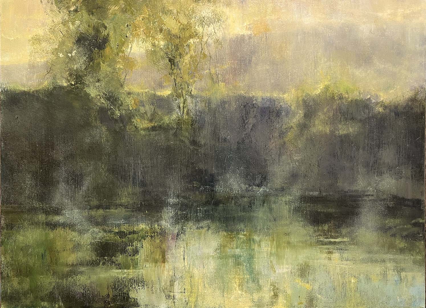 landscape oil painting in greens and deep blues