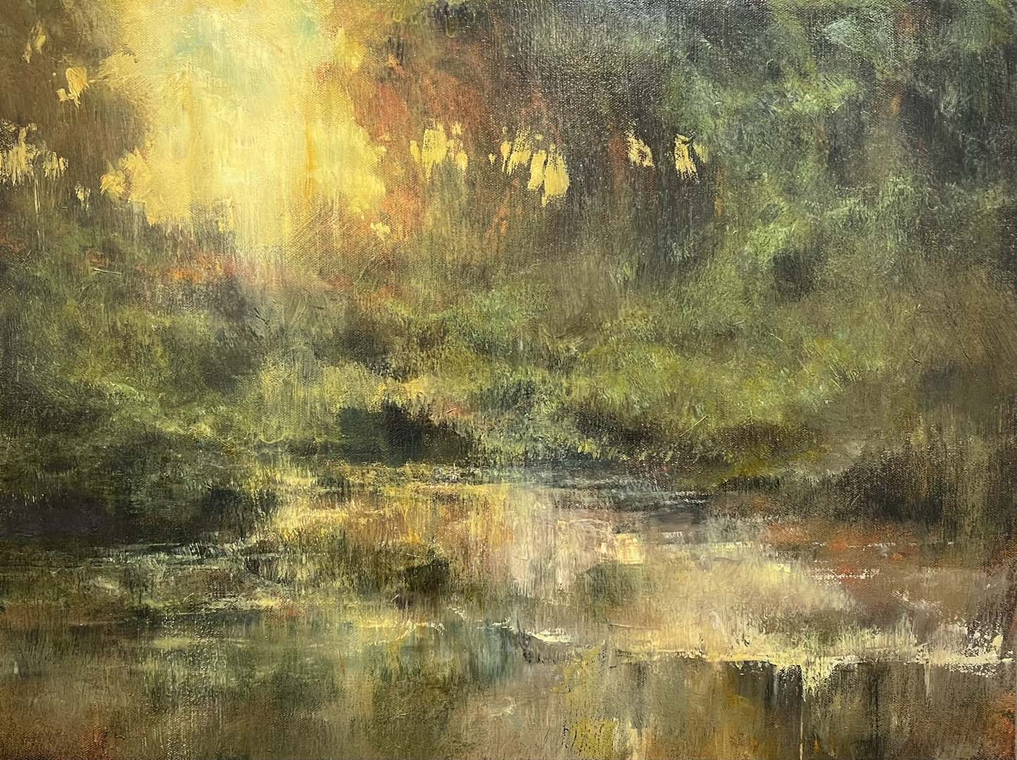 oil painting on canvas of a landscape with reflective water and trees with the sun shining through