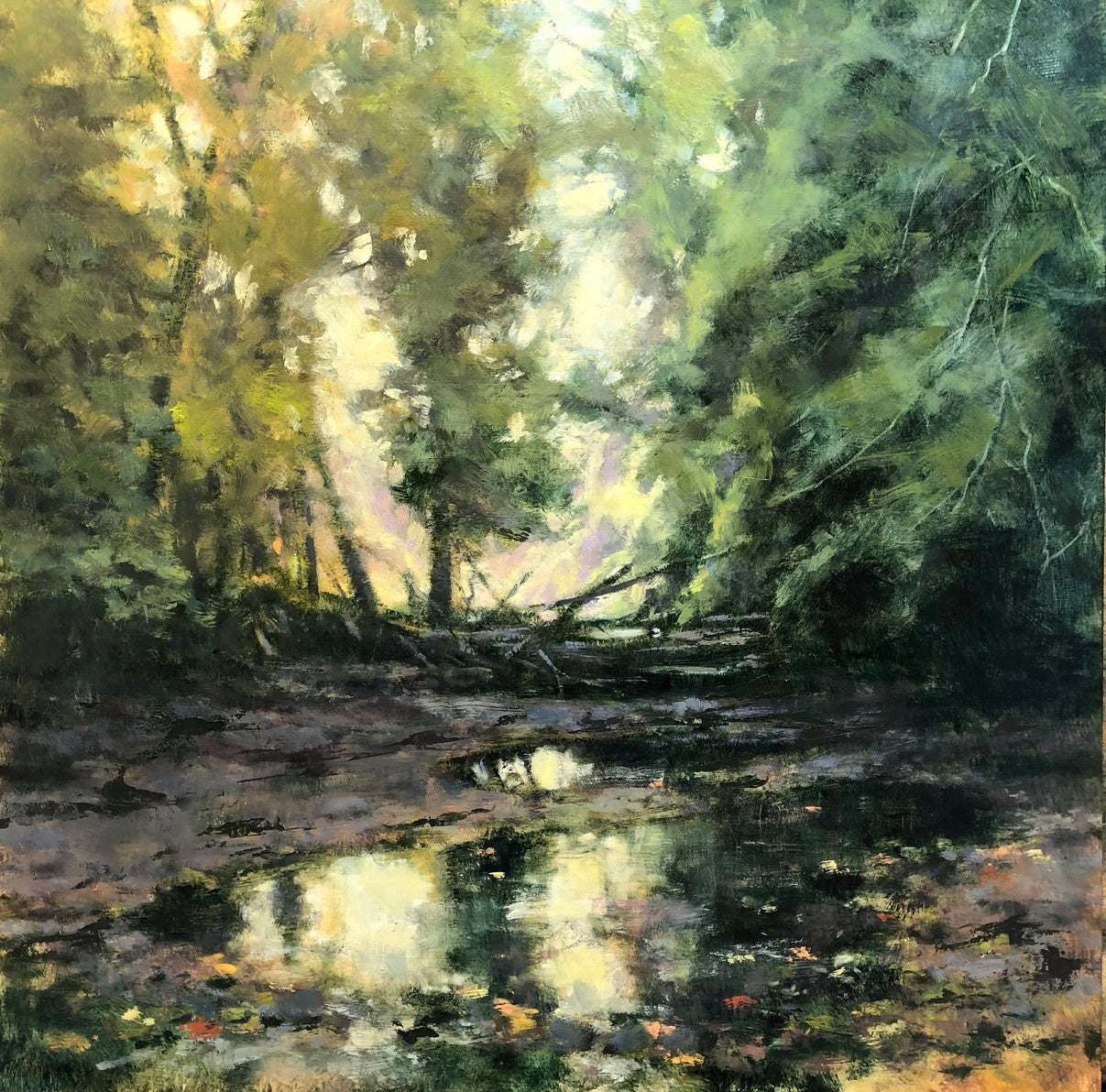 landscape oil painting of a still body of water surrounded by trees
